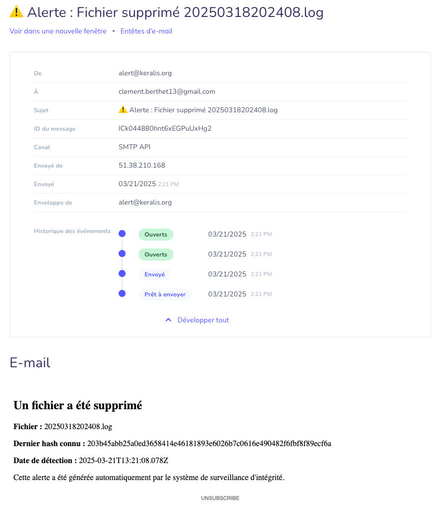 Détail d'une alerte de suppression